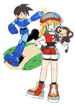 1boy 1girl animal_on_arm arm_cannon armor black_bodysuit blonde_hair blue_armor blue_footwear blush_stickers bodysuit bodysuit_under_clothes boots brown_gloves brown_hair newsboy_cap cake cropped_jacket data_(mega_man) food gloves green_eyes hat highres jacket karen_(karenoni1031) medium_hair mega_man_(series) mega_man_legends_(series) mega_man_volnutt monkey red_footwear red_hat red_jacket red_shorts roll_caskett_(mega_man) running short_hair shorts simple_background sleeves_rolled_up standing v weapon white_background