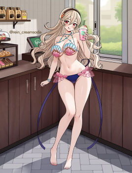 1girl bare_shoulders barefoot bikini black_hairband blush bracelet breasts clam_shell cleavage closed_mouth counter cup disposable_cup donut drinking_straw feh_(fire_emblem_heroes) female_corrin_(cipher_shell_bikini)_(fire_emblem) female_corrin_(fire_emblem) fire_emblem fire_emblem_cipher fire_emblem_fates food grey_hair hair_between_eyes hair_ornament hairband holding holding_cup indoors jewelry large_breasts long_hair looking_at_viewer navel nintendo official_alternate_costume pastry pointy_ears red_eyes rein_creamsoda shell shell_bikini sideboob smile solo starfish_hair_ornament stomach swimsuit tongue tongue_out underboob very_long_hair