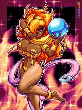 Rule 34 | 1girl, anklet, artist name, barefoot, breasts, chain, cleavage, dark-skinned female, dark skin, fire, hair over one eye, highres, huge breasts, j.raido, jewelry, large breasts, long hair, looking at viewer, navel, orange hair, pasties, pixel art, power stone, red eyes, rouge (power stone), smile, solo, sparkle, standing, tassel, very dark skin