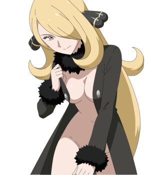 1girl black_coat blonde_hair breasts cleavage closed_mouth coat commentary cynthia_(pokemon) english_commentary fur-trimmed_coat fur-trimmed_sleeves fur_collar fur_trim grey_eyes hair_over_one_eye long_hair looking_at_viewer medium_breasts mnkr98 naked_coat nintendo no_bra pokemon pokemon_dppt simple_background solo very_long_hair white_background