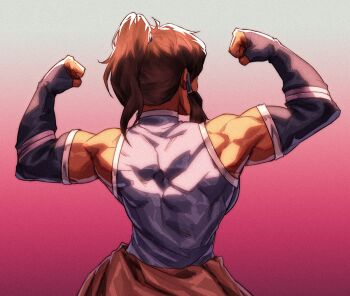abs avatar_legends az_ciam back biceps braid breasts brown_hair collar double_biceps_pose elbow_gloves flexing gloves high_ponytail highres korra large_breasts muscular muscular_female ponytail simple_background the_legend_of_korra twin_braids