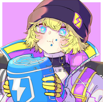 Rule 34 | 1girl, :3, animification, apex legends, artist name, beanie, black hat, blue eyes, blush, border, chinese commentary, chinese text, commentary request, eating, electric incognito wattson, english text, facial scar, gloves, hat, highres, jacket, lightning bolt symbol, looking down, official alternate costume, outside border, portrait, purple gloves, scar, scar on cheek, scar on face, short hair, smile, solo, watermark, wattson, wattson (apex legends), white border, white jacket, xiaoye ju er