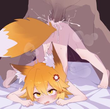 1girl age_difference animal_ears bed_sheet blush clenched_hands cum cum_in_pussy dark-skinned_male dark_skin decensored doggystyle downward_dog flower flower_on_head fox_ears fox_girl fox_tail fwu_(jtuv2743) hetero loli looking_at_viewer on_bed senko_(sewayaki_kitsune_no_senko-san) sewayaki_kitsune_no_senko-san sex sex_from_behind size_difference tail third-party_edit tiptoes uncensored