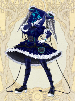 Rule 34 | 1girl, :d, black shoes, blue dress, blue skin, colored skin, dairoku ryouhei, dress, drill hair, electric plug, fishnet thighhighs, fishnets, frilled dress, frills, full body, gloves, hand up, inoue ten, object head, ojou-sama pose, open mouth, otoirel maximum, robot, shoes, smile, speaker, standing, thighhighs, twin drills, white gloves, yellow background