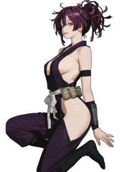 1girl arm_guards bare_hips belt_pouch bodysuit breasts cleavage clothing_cutout commentary eyelashes full_body h4sh1rnoto hair_between_eyes hair_up high_ponytail highres hip_vent jigokuraku large_breasts looking_at_viewer loose_clothes narrow_waist ninja on_one_knee pink_lips ponytail pouch purple_eyes purple_hair red_eyes sash sideboob sleeveless sleeveless_bodysuit underboob white_sash wide_hips yuzuriha_(jigokuraku)
