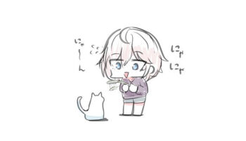 1girl :&gt; afterimage anastasia_(idolmaster) animal barefoot blue_eyes brown_hair cat cat_teaser flying_sweatdrops grey_shorts hair_between_eyes holding idolmaster idolmaster_cinderella_girls kawamochi_(kawauti919) long_sleeves parted_lips purple_shirt shirt shorts simple_background smile solo standing translation_request triangle_mouth white_background white_cat