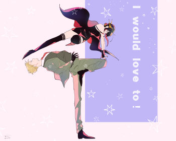 1boy 1girl awarinko bare_shoulders battle black_dress black_footwear black_gloves black_hair black_thighhighs blonde_hair boots collar collared_shirt covered_mouth detached_collar dodging dress duel earrings english_text fingerless_gloves flying_kick formal_clothes full_body gloves green_jacket green_pants green_suit green_vest grey_background hairband high_heel_boots high_heels highres jacket jewelry kicking leaning_back long_sleeves looking_at_another looking_away necktie outstretched_arms pants plantar_flexion red_necktie shirt shoes short_hair sidelocks sleeveless sleeveless_dress spiked_hairband spikes spy_x_family standing standing_on_one_leg star_(symbol) suit thigh_boots thighhighs train_(clothing) twilight_(spy_x_family) twitter_username updo vest white_collar yor_briar