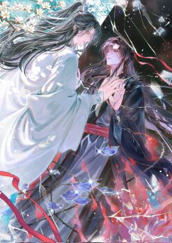 2boys bishounen black_coat black_hair black_hanfu branch broken_glass chinese_clothes coat commentary commission couple crack cracked_glass english_commentary falling_petals flower glass glass_shards hair_down hair_ribbon half_updo hanfu headband highres holding_hands lan_wangji light_particles long_hair long_sleeves looking_at_another male_focus modao_zushi multiple_boys official_alternate_costume official_alternate_hairstyle open_clothes open_coat parted_lips petals ponytail purple_eyes red_ribbon red_sash ribbon robe sash second-party_source sidelocks sky smile sparkle standing suika_lyda thorns tree wei_wuxian wei_wuxian_(yiling_laozu) white_flower white_hanfu white_headband wide_sleeves xiao_guan_(headdress) yaoi yellow_eyes