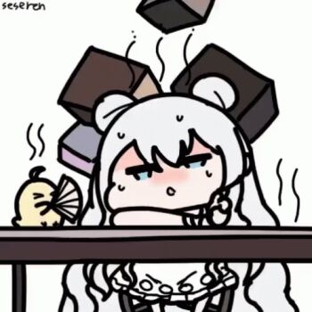 1girl animated animated_gif azur_lane baby_animal bird chick fan le_malin_(azur_lane) le_malin_(sleepy_sunday)_(azur_lane) lowres manjuu_(azur_lane) seseren sweat