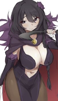 1girl black_dress black_hair braid braided_ponytail breasts bridal_gauntlets cape center_opening cleavage dagger detached_sleeves dress elsa_granhilte flower frilled_sleeves frills fur_trim hair_flower hair_ornament holding holding_dagger holding_knife holding_weapon knife large_breasts long_hair pantyhose pelvic_curtain purple_eyes purple_flower purple_rose re:zero_kara_hajimeru_isekai_seikatsu revealing_clothes rose solo weapon
