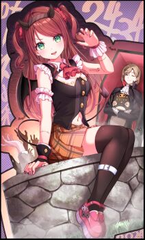 1boy 1girl ;) ahoge akabane_youko alternate_costume animal_print arm_tattoo armband ascot bat_(animal) belt belt_buckle black_border black_cape black_gloves black_headband black_jacket black_thighhighs black_vest black_wings blue_eyes blush border breasts brown_hair buckle buttons cape casket cat_print character_name cleavage cleavage_cutout closed_mouth clothing_cutout collared_shirt commentary_request copyright_name curled_ends demon_costume demon_girl demon_horns demon_tail demon_wings disembodied_hand dotted_background fang fingerless_gloves fingernails fog frilled_armband frilled_sleeves frilled_wrist_cuffs frills gloves green_eyes halloween halloween_costume head_tilt headband high_collar highres holding holding_stuffed_toy horns jack-o&#039;-lantern jacket kanae_(nijisanji) legband long_fingernails long_hair looking_at_viewer lying medium_breasts medium_hair mole mole_under_eye na53 navel nijisanji number_tattoo official_artist_extra one_eye_closed open_mouth orange_skirt outline parted_bangs pink_nails pink_shoes platform_shoes pleated_skirt print_shoes pumpkin red_ascot red_hair roto_(kanae) scar scar_on_arm sharp_fingernails shirt shoes sidelocks single_fingerless_glove single_wrist_cuff sitting skirt skull_print skull_tattoo sleeveless sleeveless_shirt smile striped_clothes striped_vest stuffed_animal stuffed_cat stuffed_toy tail tattoo thighhighs two_side_up v-shaped_eyebrows vampire vampire_costume vertical-striped_clothes vertical-striped_vest vest virtual_youtuber well white_armband white_ascot white_belt white_shirt white_trim white_wrist_cuffs wing_collar wings wrist_cuffs zettai_ryouiki