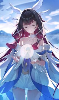 1girl bare_shoulders black_hair closed_eyes columbina_(genshin_impact) criss-cross_halter dress eye_mask genshin_impact halter_dress halterneck head_wings highres long_hair lumo_1121 mask multicolored_hair pink_hair short_dress smile solo two-tone_hair very_long_hair white_dress white_mask white_wings wings