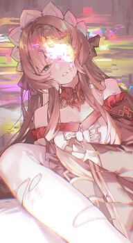 1girl alternate_hairstyle bare_shoulders black_bow blue_eyes bow brown_hair choker cracked_face dress frilled_dress frilled_sleeves frills gem genshin_impact glitch hashtag-only_commentary headdress highres long_hair looking_at_viewer naengbi1008 off_shoulder pantyhose red_gemstone sandrone_(genshin_impact) white_pantyhose