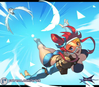 1girl beak bird black_sports_bra blue_eyes blue_gloves blue_shorts breasts brown_jacket commentary cropped_jacket elbow_gloves falling fingerless_gloves full_body gen_5_pokemon gloves goggles hair_ornament jacket large_breasts long_hair nintendo open_clothes open_jacket open_mouth orange_goggles orlek outdoors pokemon pokemon_(creature) pokemon_bw red_hair short_hair_with_long_locks shorts sidelocks sky skydive skyla_(pokemon) smile sports_bra swan swanna wings