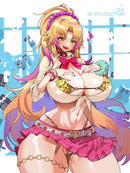 1girl :d amesuku_gyaru animal_print bag bangle barbariana_(last_origin) belt bikini black_choker blonde_hair blush bow bowtie bracelet breast_suppress breasts buckle cameltoe cat_print cellphone choker cleavage collarbone collared_shirt curvy fang floating_paper gem gluteal_fold gold_thighlet gradient_hair green_eyes green_gemstone green_scrunchie groin gyaru hair_ornament hair_scrunchie handbag heart heart-shaped_buckle heart_belt_buckle highleg highleg_bikini highres huge_breasts indoors jewelry kogal last_origin leopard_print leopard_print_bikini light_particles linea_alba long_hair long_sleeves looking_at_viewer micro_bikini microskirt midriff multicolored_hair nail_polish navel navel_piercing o-ring o-ring_bikini o-ring_bikini_bottom o-ring_choker o-ring_thigh_strap o-ring_top official_alternate_costume open_mouth paizuri_invitation paper parted_bangs partially_visible_vulva phone piercing pink_bow pink_bowtie pink_hair pink_nails pink_skirt pixiv_id plaid_clothes plaid_skirt pleated_skirt ponytail print_bikini purple_scrunchie rabbit_print revealing_clothes school_uniform scrunchie shiny_skin shirt signature skirt smile solo standing stomach streaked_hair sweater swimsuit teeth thick_thighs thigh_strap thighlet thighs thong thong_bikini tied_shirt tongue twitter_username umigarasu_(kitsune1963) underboob very_long_hair white_belt white_shirt wide_hips wrist_scrunchie