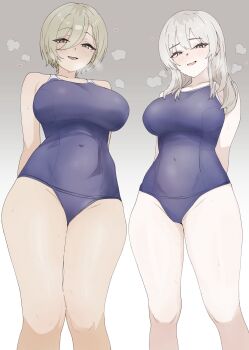 2girls arms_behind_back blue_one-piece_swimsuit breasts brown_eyes collarbone covered_navel cowboy_shot dark-skinned_female dark_skin earclip from_below girls_band_cry gradient_background green_eyes green_hair grey_background grey_hair hair_between_eyes highres kawaragi_momoka large_breasts light_blush long_hair looking_at_viewer loving_aura mole mole_under_eye multicolored_hair multiple_girls n_nai_nai_n one-piece_swimsuit open_mouth raised_eyebrows raised_inner_eyebrows roots_(hair) rupa_(girls_band_cry) school_swimsuit short_hair smile steaming_body sweat swimsuit