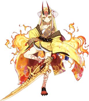 1girl absurdres bare_shoulders blonde_hair earrings fate/grand_order fate_(series) feet fire fire floral_pattern hand_on_own_hip hidari_(left_side) highres horns ibaraki_douji_(fate) japanese_clothes jewelry kimono legs long_hair looking_at_viewer monster_girl off_shoulder official_art oni oni_horns pointy_ears slit_pupils standing standing_on_one_leg tattoo toenails toes tree yellow_eyes yellow_kimono