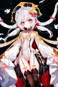 1girl a1u absurdres azur_lane black_thighhighs breasts commentary flandre_(azur_lane) grey_eyes groin hat highres leotard long_hair long_sleeves looking_at_viewer low_twintails md5_mismatch open_mouth revision small_breasts solo thighhighs twintails white_hair white_leotard