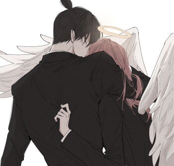 2boys angel_devil_(chainsaw_man) angel_wings black_hair black_jacket chainsaw_man clothes_grab commentary_request earrings french_kiss from_behind halo hayakawa_aki height_difference highres jacket jewelry kiss long_sleeves male_focus multiple_boys short_hair simple_background topknot traditional_halo upper_body vivivibbi white_background white_wings wings yaoi