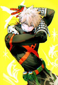 Rule 34 | 1boy, absurdres, arms up, bakugou katsuki, belt, black pants, blonde hair, boku no hero academia, commentary request, dutch angle, explosive, facial scar, gloves, green gloves, grenade, grin, highres, long sleeves, looking at viewer, male focus, pants, red eyes, red gloves, scar, scar on cheek, scar on face, short hair, smile, solo, spiked hair, superhero costume, twitter username, two-sided gloves, yellow background, znjxlz