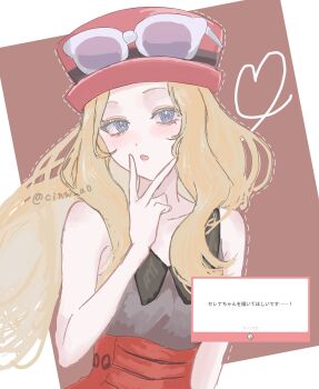 1girl blonde_hair blue_eyes blush cinn_a0 commission dotted_line eyelashes goggles goggles_on_headwear hat highres long_hair looking_at_viewer nintendo open_mouth pokemon pokemon_xy red_hat red_skirt serena_(pokemon) shirt simple_background skeb_commission skirt sleeveless sleeveless_shirt solo sunglasses v v_over_mouth