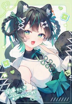 1girl :3 :d animal_ear_fluff animal_ears black_hair black_skirt blush bow braid breasts cat_ears cat_girl cat_tail commentary_request fang green_bow green_eyes green_hair hair_bow hair_ornament hair_rings highres komomo_(2899) looking_at_viewer medium_breasts multicolored_hair open_mouth original ribbon sensitive shirt skirt sleeveless sleeves_past_fingers sleeves_past_wrists smile solo streaked_hair tail twin_braids x_hair_ornament