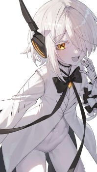 absurdres bandaged_hand bandages black_ribbon blue_archive blush highres kokukyukeo laughing light_blush navel no_pussy ribbon short_hair smug sof_(blue_archive) solo teeth upper_teeth_only white_background white_hair yellow_eyes