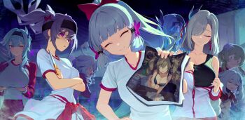 ^_^ absurdres angry ayaka_(genshin_impact) barbara_(genshin_impact) blue_hair blunt_bangs blush breasts closed_eyes cone_hair_bun contemporary dl_(dl_6ix) empty_eyes eula_(genshin_impact) false_smile furina_(genshin_impact) genshin_impact glaring gym_uniform hair_bun hair_ornament hairband highres jealous keqing_(genshin_impact) large_breasts long_hair looking_at_viewer lumine_(genshin_impact) magazine_(object) medium_hair mole mole_under_eye paimon_(genshin_impact) ponytail pornography pov purple_eyes purple_hair shaded_face shenhe_(genshin_impact) smile twintails yandere