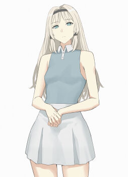 1girl alternate_costume an-94_(girls&#039;_frontline) asakiri_koko black_hairband blue_eyes blue_shirt breasts collared_shirt commentary_request contrast_collar cowboy_shot girls&#039;_frontline grey_hair hair_intakes hairband highres long_hair looking_at_viewer shirt sidelocks simple_background skirt sleeveless sleeveless_shirt small_breasts solo white_background white_skirt