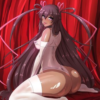 Rule 34 | 1girl, :3, absurdly long hair, absurdres, alternate costume, ass, bikini, breasts, brown hair, curvy, dark-skinned female, dark skin, elbow gloves, female focus, gloves, hair ribbon, high heels, highleg, highleg bikini, highres, huge ass, ierouyellow, leotard, long hair, looking at viewer, looking back, micro bikini, mizuki yukikaze, official alternate costume, one-piece tan, pink eyes, ribbon, shiny skin, sitting, smile, solo, swimsuit, taimanin (series), taimanin yukikaze, tan, tanline, thighhighs, thong, thong bikini, tongue, tongue out, twintails, two side up, very long hair, white bikini, white gloves, white thighhighs