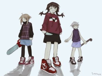 .flow 3girls among_us_drip_(meme) blonde_hair brown_hair chainsaw highres holding holding_chainsaw holding_knife holding_lead_pipe kitchen_knife knife lead_pipe lonesomnia long_hair looking_at_viewer madotsuki meme multiple_girls sabitsuki shadow shoes side_ponytail sneakers tools urotsuki white_background yume_2kki yume_nikki