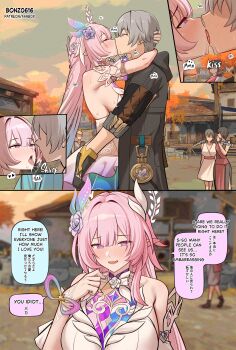 1boy 3girls absurdres bilingual_text black_gloves black_hair blush bonz0616 breasts caelus_(honkai:_star_rail) commentary cyrene_(honkai:_star_rail) cyrene_(ripples_of_past_reverie)_(honkai:_star_rail) detached_sleeves dress english_commentary english_text flower french_kiss gloves grey_hair hair_flower hair_ornament highres honkai:_star_rail honkai_(series) hug jacket kiss large_breasts long_hair mixed-language_text multiple_girls open_clothes open_jacket pink_hair purple_eyes revision saliva saliva_trail speech_bubble sweat tongue trailblazer_(honkai:_star_rail) white_dress