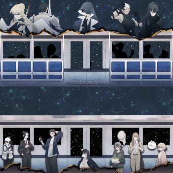 Rule 34 | 6+boys, 6+girls, armor, bag, baseball cap, biyoo (omniscient reader's viewpoint), black bodysuit, black gloves, black hair, blindfold, blonde hair, bodysuit, brown hair, bug cage, burning, burning paper, butterfly net, cloak, commentary, crossed arms, dollhouse view, dual persona, english commentary, everyone, eyepatch, faceless, floating, gloves, hand in pocket, hand net, hat, high ponytail, highres, holding, holding phone, holding sword, holding weapon, hood, hood up, hooded cloak, jung heewon, kim dokja, kim namwoon, knight, lee gilyoung, lee jihye, multiple boys, multiple girls, oldest dream, omniscient reader's viewpoint, phone, ponytail, secretive plotter, sharowolet, shin yoosung, shoulder bag, silhouette, sky, space, star (sky), starry sky, starry sky print, sword, train, train interior, uriel (omniscient reader's viewpoint), weapon, white hair, white wings, wings, yoo joonghyuk, yoo sangah