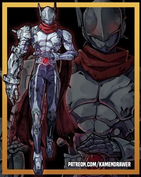 1boy armor ashmish black_background blue_bodysuit bodysuit border commentary digimon digimon_(creature) english_commentary full_body helmet highres justimon male_focus mechanical_arms red_scarf rider_belt scarf single_mechanical_arm solo_focus yellow_border