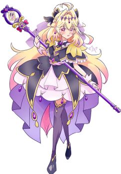 1girl antenna_hair black_bow black_capelet black_dress blonde_hair bow brooch capelet cure_arcana_shadow dress frilled_capelet frills gradient_hair hair_bow hair_intakes heart heart_brooch holding jewelry long_hair looking_at_viewer magical_girl meitantei_precure! moria_luluka multicolored_hair precure purple_eyes simple_background tear_arcana_rod watanabeyasuo3 white_background wrist_cuffs