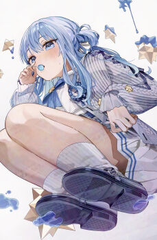 Rule 34 | 1girl, absurdres, asa going, black shoes, blue eyes, blue hair, blush, candy, commentary request, food, from below, full body, highres, holding, holding candy, holding food, holding lollipop, hololive, hoshimachi suisei, hoshimachi suisei (sailor), lollipop, long hair, long sleeves, looking at viewer, official alternate costume, pleated skirt, ponytail, shirt, shoe soles, shoes, sitting, skirt, socks, solo, sweat, virtual youtuber, white background, white shirt, white skirt, white socks