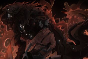 1boy anessthetic anglerfish_boy animal black_hair blue_eyes burning chest_belt claws collared_shirt empty_eyes eye_in_mouth fins fire frills from_side guitar head_fins height_difference highres holding holding_guitar holding_instrument instrument music open_mouth orange_shirt pandemonium_(pressure) playing_instrument pressure_(roblox) sebastian_solace sharp_teeth shirt short_hair sleeves_rolled_up tail teeth too_many_eyes