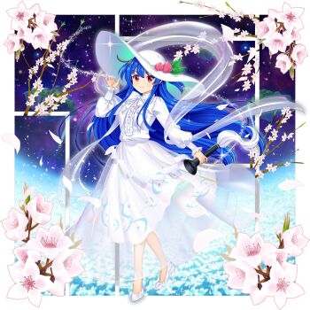 1girl alternate_costume alternate_headwear_color blue_hair bow bowtie center_frills closed_mouth falling_petals field floating floating_island flower flower_field flower_request food frills fruit fruit_hat_ornament game_cg hand_on_headwear hat hat_ornament high_heels highres hinanawi_tenshi holding leaf leaf_hat_ornament long_hair long_sleeves night night_sky official_art overskirt peach peach_hat_ornament petals pink_flower red_eyes rotte_(1109) see-through_clothes see-through_overskirt shirt shoes skirt sky smile solo sparkle star_(symbol) sword_of_hisou third-party_source touhou touhou_lostword transparent_background very_long_hair white_bow white_bowtie white_flower white_hat white_shirt white_skirt