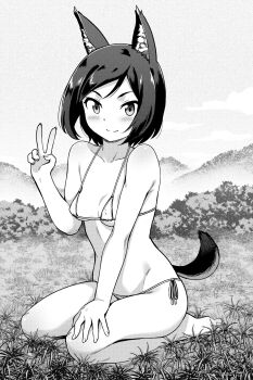 1girl animal_ears bikini breasts commentary commission english_commentary geewhy grass greyscale highres kuroda_kunika micro_bikini monochrome noble_witches pixiv_commission short_hair sitting sky small_breasts solo swimsuit tail v wariza world_witches_series