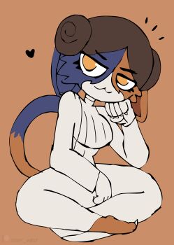 1girl :3 absurdres animal animal_ears animal_hands barefoot blue_fur breasts brown_hair cat cat_ears cat_girl cat_tail claws cosplay crossover double_bun dress epic_games fortnite furry hair_bun head_rest heart highres large_breasts long_sleeves looking_at_viewer may_the_4th meow_skulls multicolored_fur orange_background princess_leia princess_leia_(cosplay) red_fur sitting sketch smile star_wars tail tony_welt white_dress white_fur wig yellow_eyes