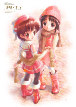 2girls arms_behind_back beanie black_hair black_pantyhose boots bow brown_eyes brown_hair brown_scarf brown_shawl child closed_mouth detached_sleeves dress footwear_bow full_body fur-trimmed_boots fur_trim goto_p hat holding_shawl long_hair looking_at_viewer looking_back multiple_girls open_mouth original pantyhose pink_boots pink_bow pink_dress pink_hat red_boots red_dress red_hat ribbed_sleeves scarf shawl short_hair smile standing white_pantyhose white_sleeves winter_clothes