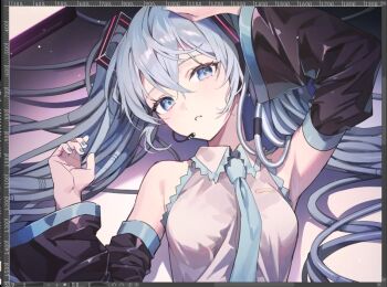 1girl aqua_eyes aqua_hair aqua_nails aqua_necktie aqua_trim arm_up armpits azit_(down) breasts collared_shirt detached_sleeves grey_shirt hair_between_eyes hair_ornament hatsune_miku headset long_hair long_sleeves looking_at_viewer lying medium_breasts necktie on_back open_mouth shirt solo twintails upper_body very_long_hair vocaloid