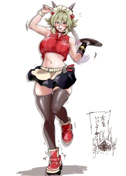 1girl alternate_costume arms_up bangboo_(zenless_zone_zero) black_choker black_skirt blush braid braided_ponytail breasts brown_thighhighs caesar_king_(zenless_zone_zero) choker comic_hand commentary_request crop_top flying_sweatdrops full_body green_hair hair_intakes highres large_breasts looking_at_viewer maid_headdress midriff motion_lines navel open_mouth orange_eyes prosthesis prosthetic_arm red_nails red_shirt red_shoes shirt shoes skirt solo sweat thighhighs trembling waitress zenless_zone_zero