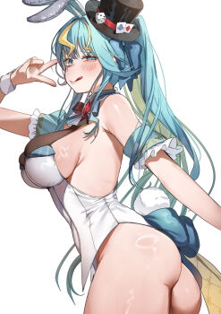 1girl ;p animal_ears armband ass bare_shoulders blonde_hair blue_bow blue_eyes blue_hair blush bottomless bow bowtie breasts brown_leotard colored_inner_hair commission dice fake_animal_ears from_side green_hair hair_intakes half-closed_eye hat highres kaminari_clara large_breasts leotard light_blue_hair long_hair looking_at_viewer mini_hat mini_top_hat multicolored_hair multicolored_leotard nontraditional_playboy_bunny one_eye_closed phase_connect phase_connect_jp rabbit_ears red_bow red_bowtie side_ponytail sideboob simple_background skeb_commission solo streaked_hair takeno_omoti tongue tongue_out top_hat two-tone_leotard v v_over_eye virtual_youtuber white_background white_leotard wrist_cuffs