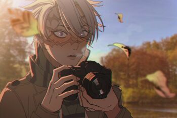 Rule 34 | 1boy, brown jacket, brown scarf, camera, day, fpsejr gg, grey hair, hair between eyes, highres, holding, holding camera, jacket, kimetsu no yaiba, leaf, long sleeves, male focus, outdoors, scar, scar on face, scar on forehead, scarf, shinazugawa sanemi, short hair, solo
