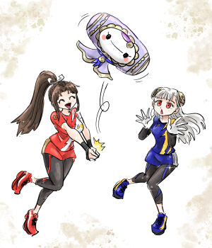 2girls brown_hair closed_eyes crossover fingerless_gloves gloves hair_ribbon hairpods highres ingrid_(capcom) kicdon leggings long_hair monoid_(street_fighter) multiple_girls open_mouth ponytail red_eyes red_shirt ribbon shiranui_mai shirt shoes short_sleeves shorts smile sneakers sportswear street_fighter street_fighter_6 the_king_of_fighters white_gloves white_hair white_ribbon