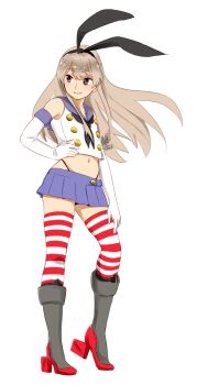 1girl anchor_hair_ornament bad_id bad_source black_neckerchief black_panties blonde_hair boots brown_eyes crop_top elbow_gloves full_body gloves hair_ornament hairband hand_on_own_hip highleg highleg_panties kantai_collection long_hair microskirt midriff miniskirt neckerchief ojipon panties rensouhou-chan rudder_footwear sailor_collar simple_background skirt sleeveless solo standing striped_clothes striped_thighhighs thighhighs underwear white_background white_gloves