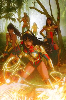 5girls black_hair brown_eyes dark-skinned_female dark_skin dc_comics gold highres holding holding_lasso holding_sword holding_weapon lasso lasso_of_truth long_hair looking_at_viewer multiple_girls outdoors scott_forbes sword tree weapon wonder_woman wonder_woman_(series) yara_flor