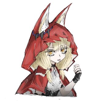 1girl absurdres aizettonagi animal_ear_fluff animal_ears arknights arknights:_endfield black_gloves blonde_hair bright_pupils capelet commentary_request cropped_torso ears_through_headwear fingerless_gloves fingernails gloves hand_up highres hood hood_up hooded_capelet looking_at_viewer medium_hair red_capelet rossi_(arknights) simple_background solo white_background white_pupils wolf_ears wolf_girl