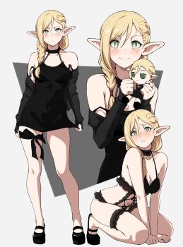 1girl :/ absurdres alternate_costume arms_between_legs black_choker black_dress black_negligee black_shoes blonde_hair blush bright_pupils chain character_doll choker commentary detached_sleeves doll dress dungeon_meshi elf green_eyes highres holding holding_doll kekel kneeling light_frown long_pointy_ears marcille_donato mary_janes multiple_views navel no_socks pointy_ears shoes smile stuffed_toy thigh_strap thighs white_pupils